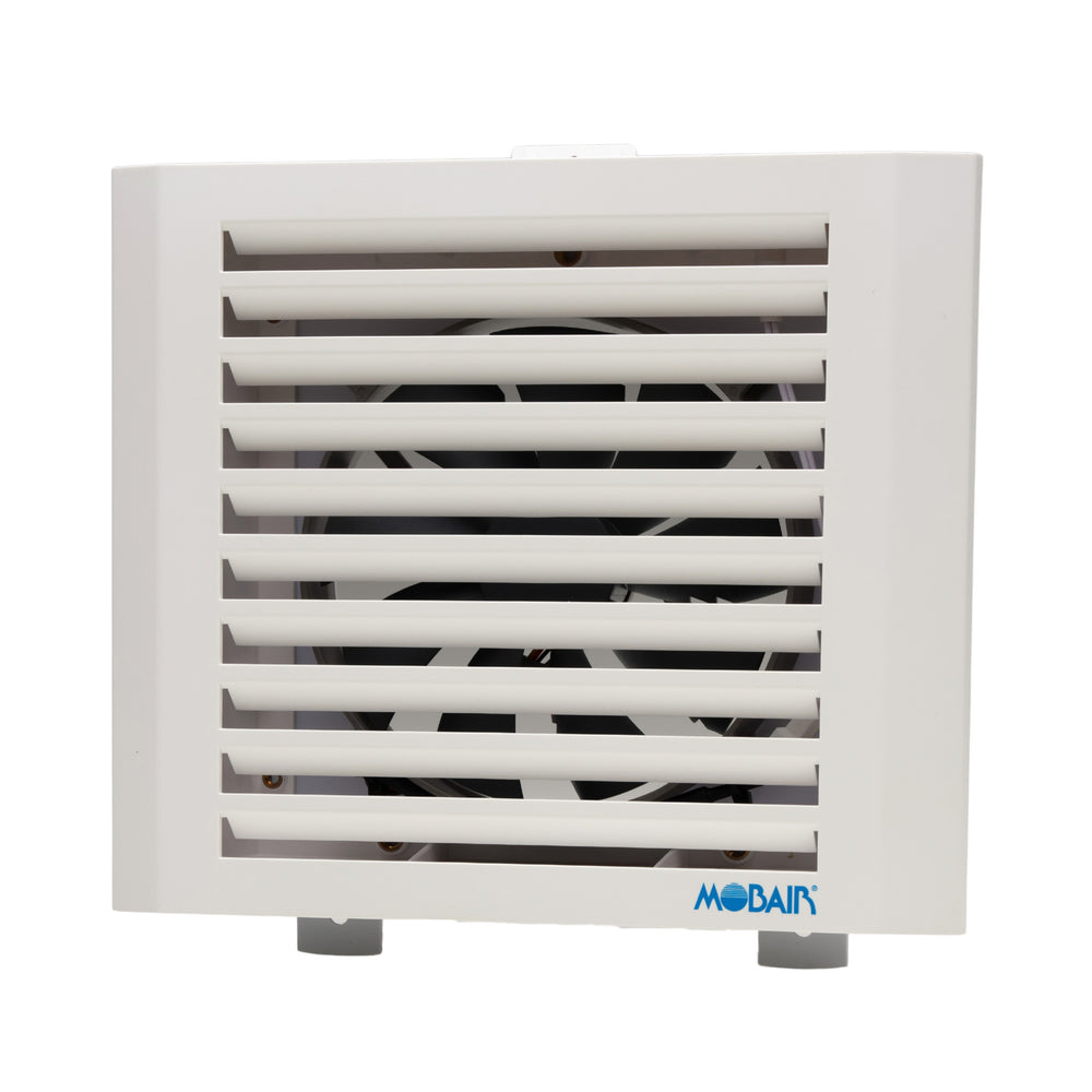 Front view of the Mobair Out exhaust fan in white.