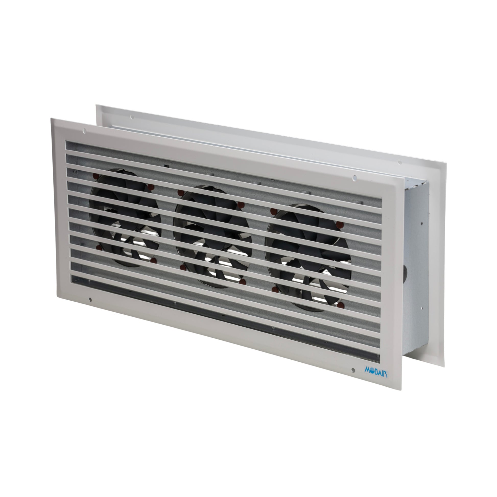 Back angle view of the Mobair Room 2 Room heat transfer fan in white.